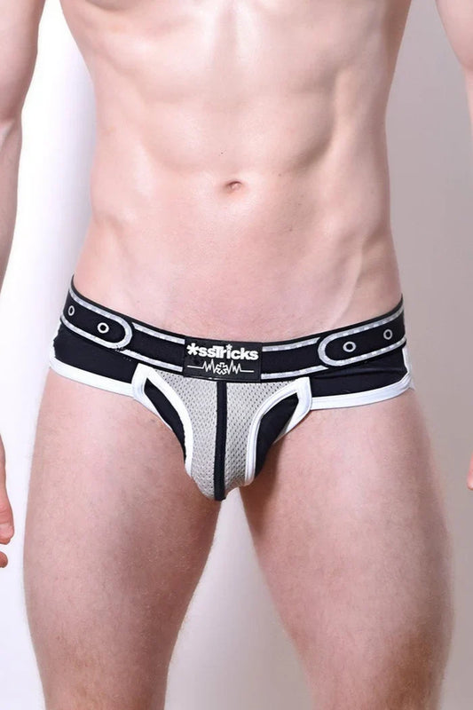 Black and white mesh comicaze brief with bold modern design and sssticks logo on the waistband