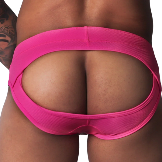 Fuchsia-colored jockstrap made of textured fabric, featuring a wide, open-back cutout design.
