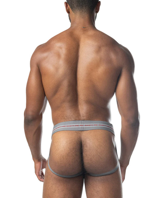 Gray core jockstrap 3.0 briefs with a subtle red and white striped waistband for athletic support