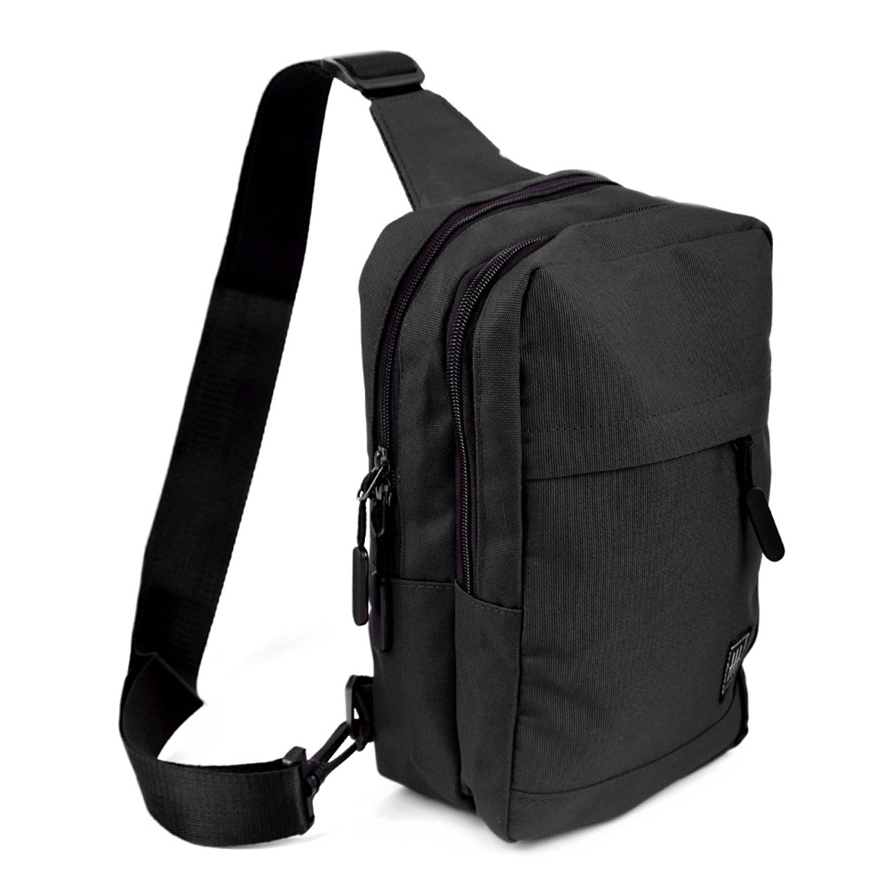 Black tactical-style crossbody canvas sling bag with durable fabric and multiple zippered compartments for secure storage