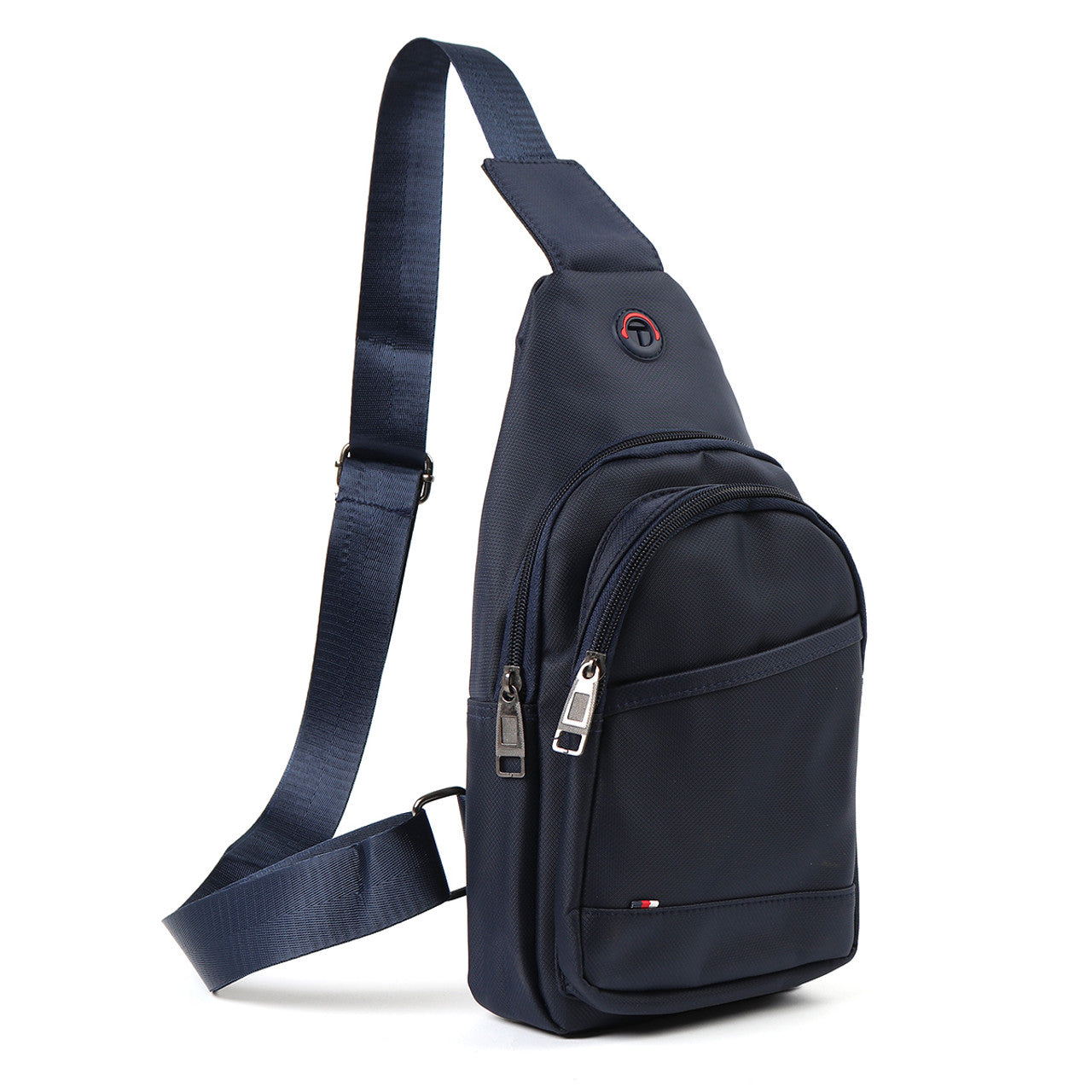 Navy blue nylon crossbody sling bag with silver zippers and red logo on the front for everyday use