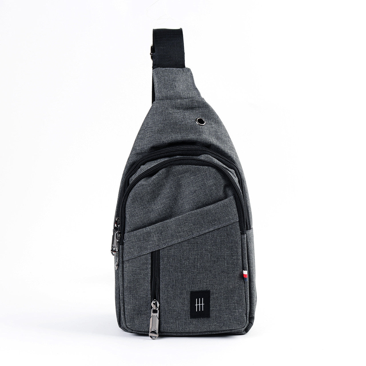 Gray textured fabric crossbody sling bag with black zipper pulls and small black logo patch for everyday use