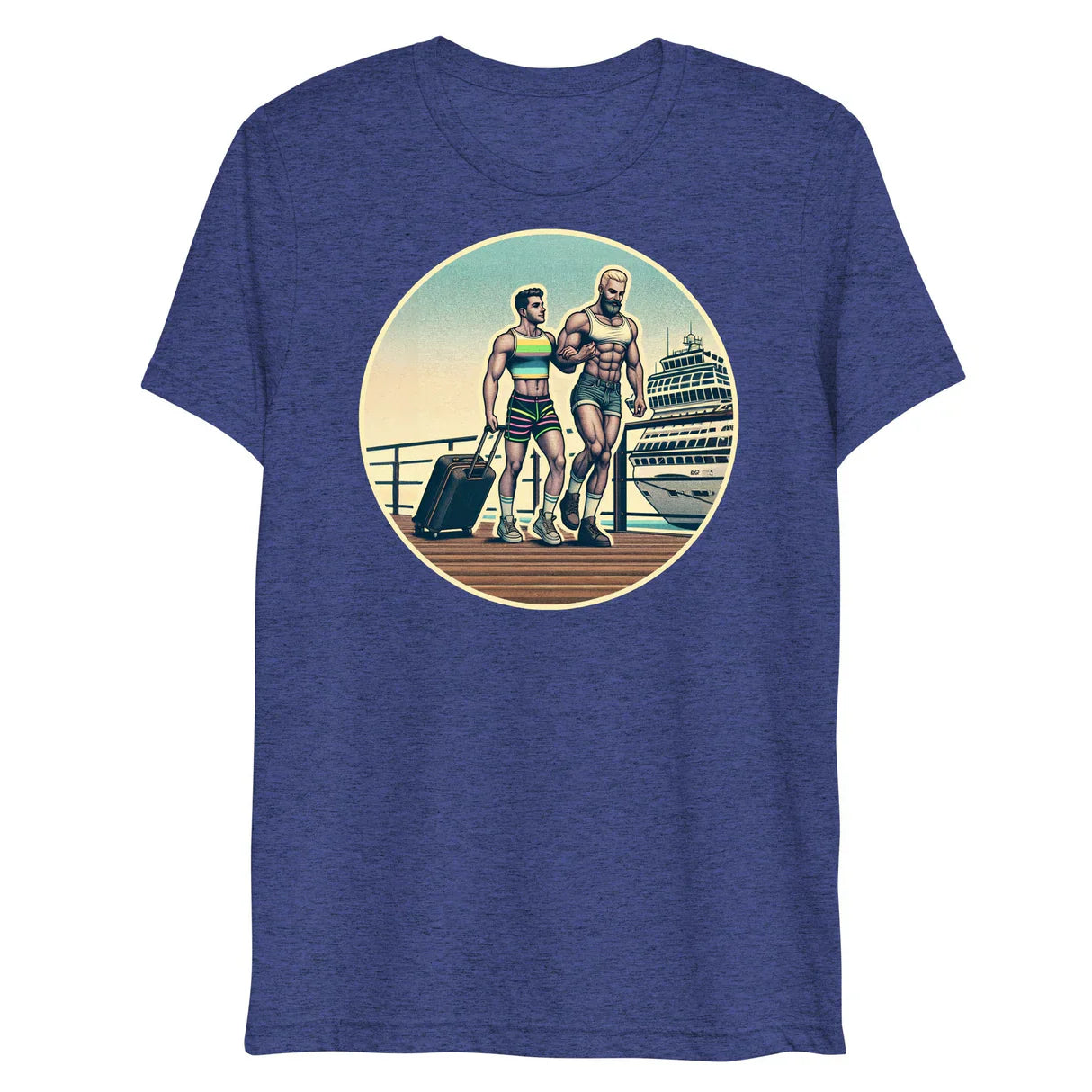 Blue heathered t-shirt with circular graphic of two muscular men with luggage on dock in front of cruise ship cruise control