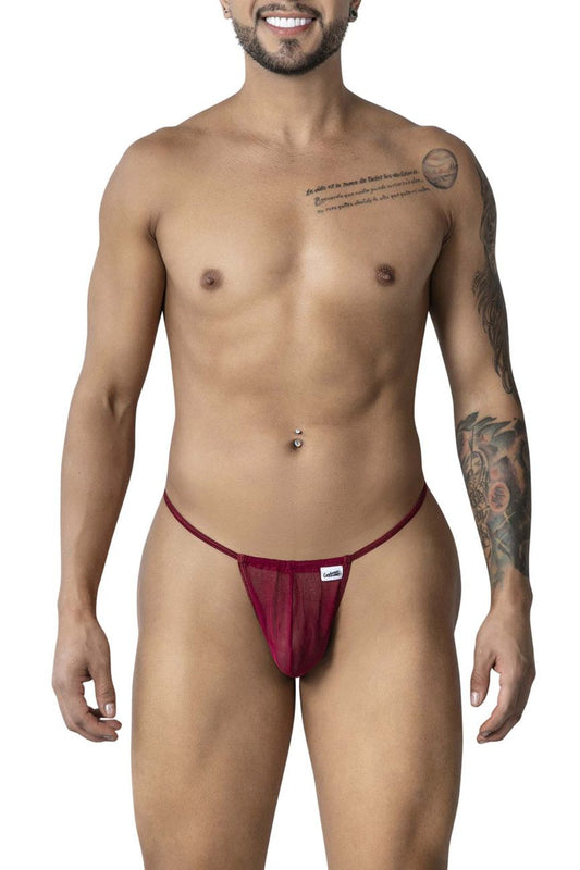 Maroon CandyMan 99246 sheer mesh thong with small white brand tag on front in burgundy color