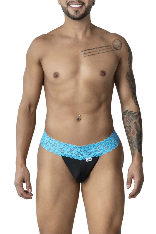 Black candyMan 99370 lace thong with vibrant blue lace trim featuring a front view design