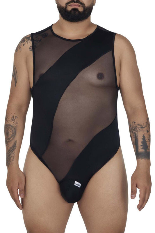 CandyMan 99699X black sheer mesh bodysuit with opaque panels and round neckline for stylish lingerie wear