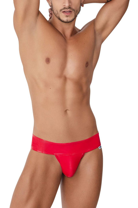 Red glossy latex jockstrap with wide waistband from candyman 99742 gloss thongs in red shown from the back side