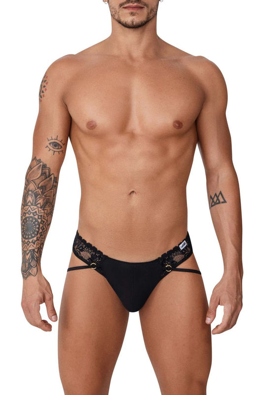 Black lace-trimmed briefs with a sleek form-fitting design from CandyMan 99747 lace thongs in black