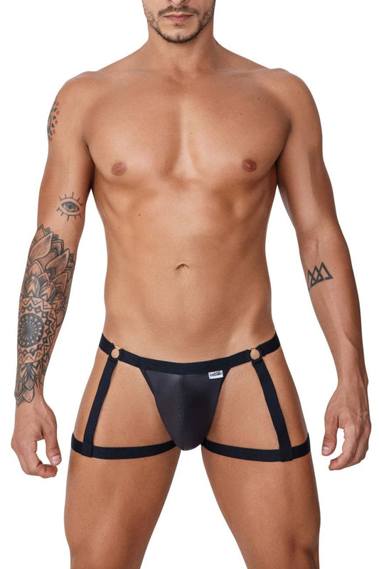 Black leather-like thong garter jockstrap with four side straps and white candyMan brand tag on the front