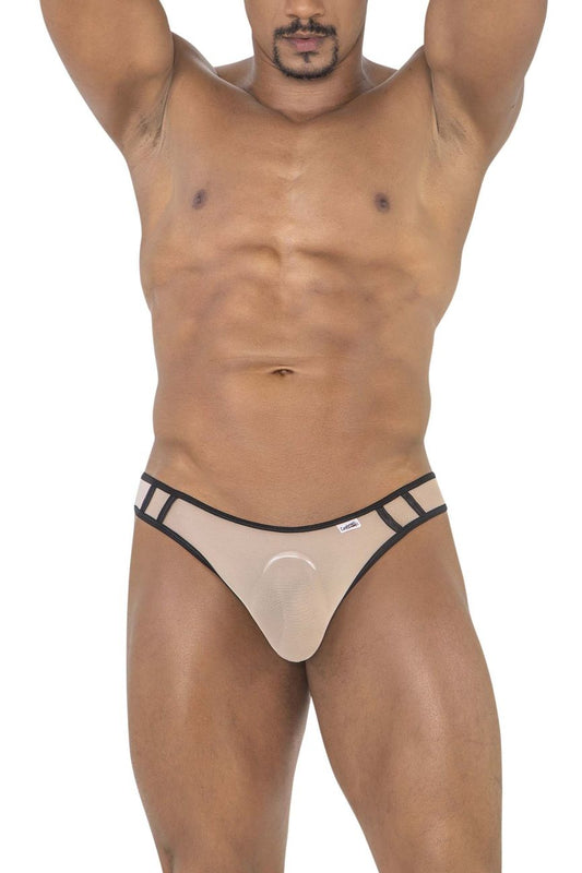 Beigelike mesh thong with black trim and small brand tag on waistband from candyman 99767 sports mesh thongs collection