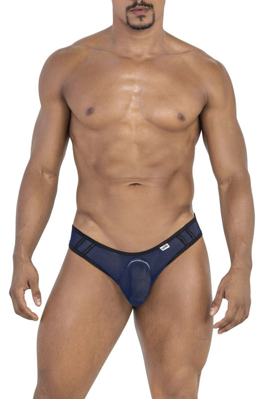 Navy blue CandyMan 99767 sports mesh briefs with black trim and central circular cutout for athletic use