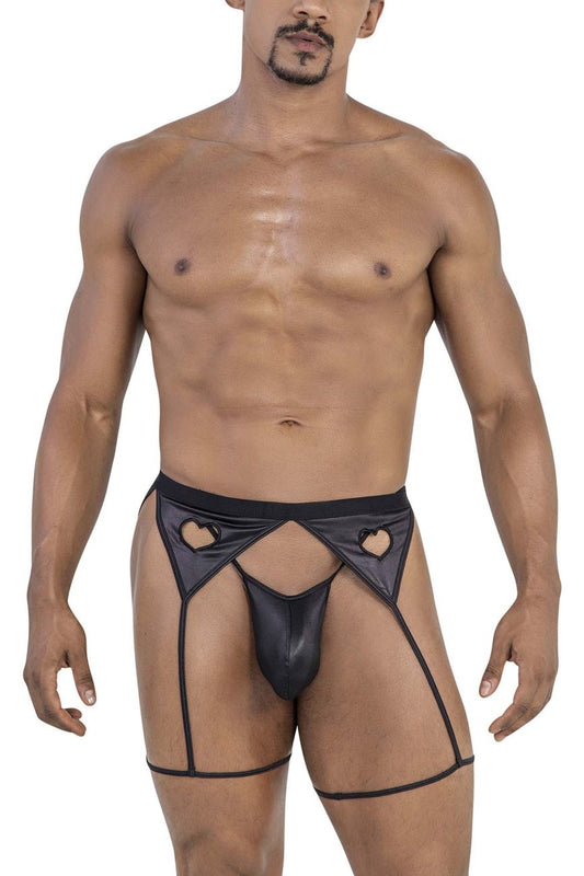Black heart-cutout thong with sheer mesh straps and glossy latex finish from candyman 99785 garter outfit in black