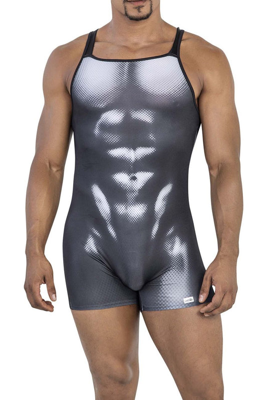 Black and white CandyMan 99796 muscle onesie bodysuit with detailed abdominal muscle design in graphic tank top style