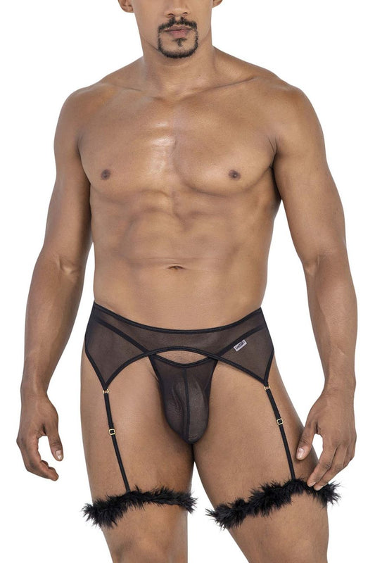 Black sheer mesh garter belt with feathered cuffs and gold-tone hardware from candyman 99806 mesh garter outfit