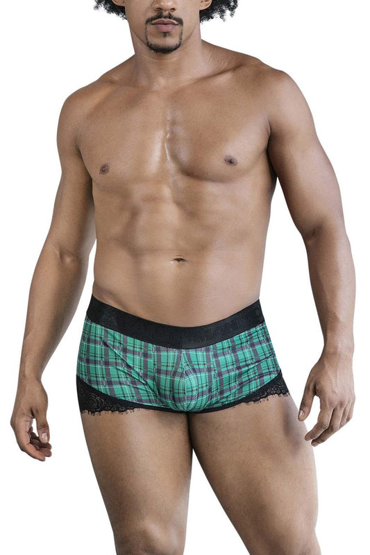 Green and black plaid CandyMan 99821 back to school trunks with lace trim boxer briefs front view