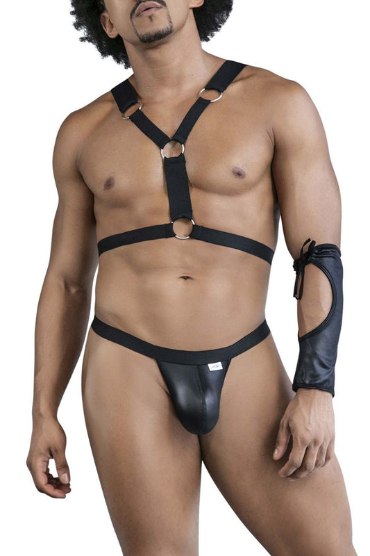 Black leather-like CandyMan 99850 three piece outfit with metallic rings and matching arm cuff in black color
