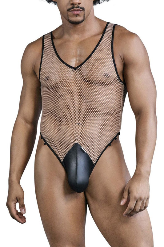 Black mesh CandyMan 99858 fishnet bodysuit with solid black faux leather front panel in beige and black colors