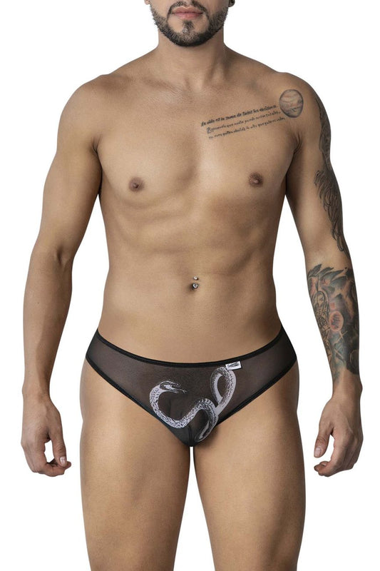 Black sheer mesh briefs with white embroidered snake design from candyman 99871 egyptian briefs collection