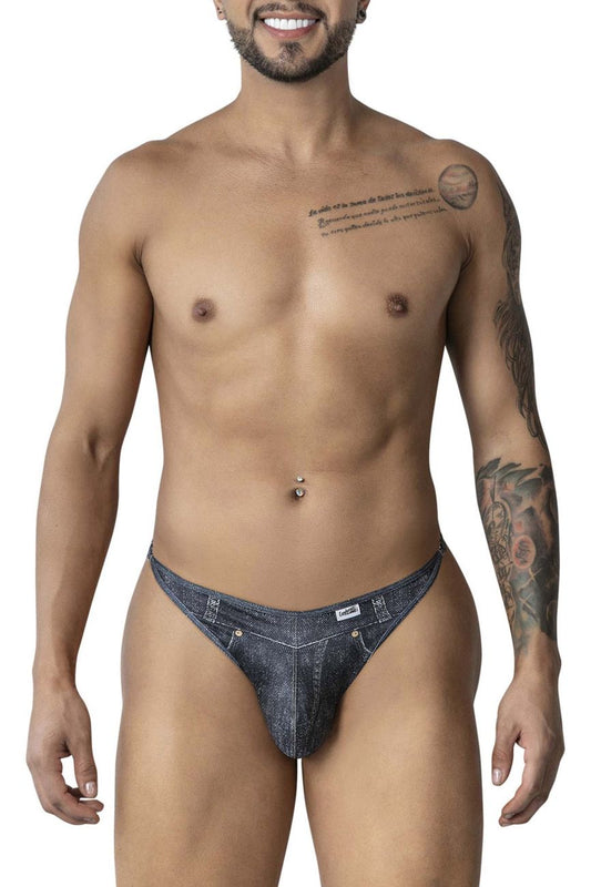 Dark blue denim candyMan 99899 cowboy thongs with subtle textured pattern and gold-tone hardware at waistband