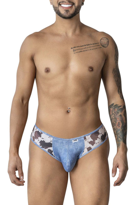 Blue denim-patterned CandyMan 99900 cowboy briefs with a cow print waistband for stylish animal print underwear