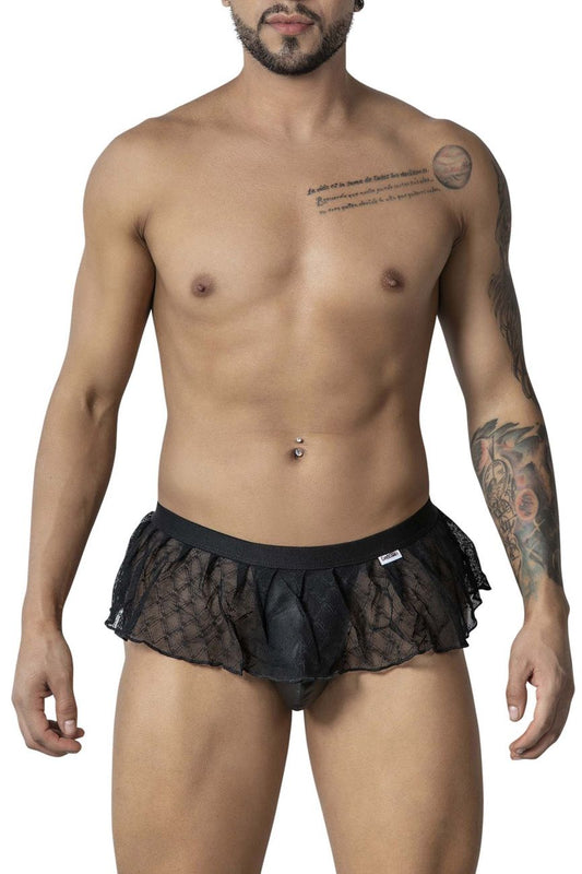 Black candyMan 99901 geometric mesh thong with lace trim ruffled hem and elastic waistband front view