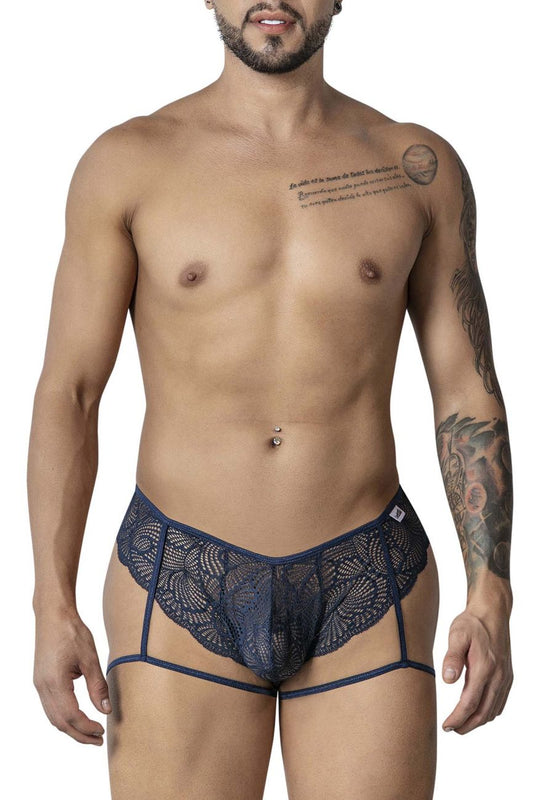 Candin navy dark blue lace garter briefs for men with patterned design and side straps in lace material