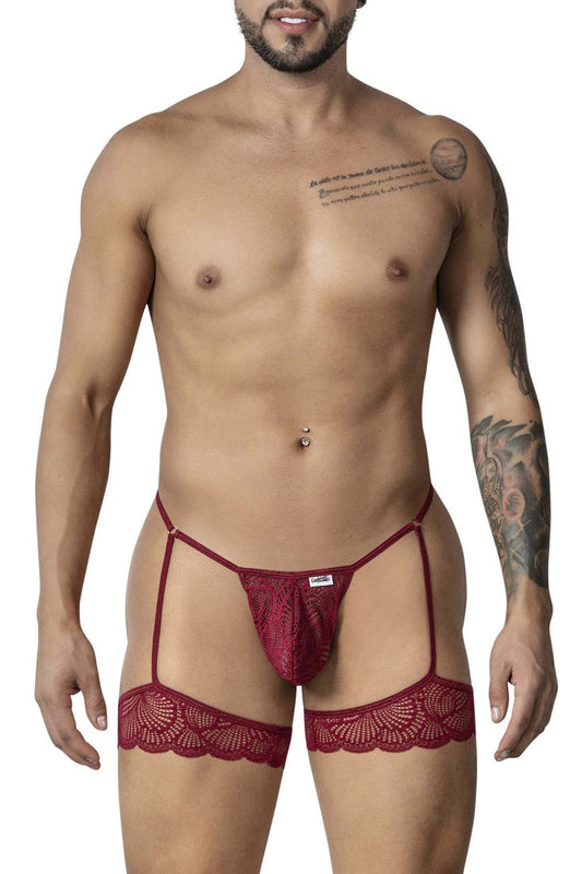 Red lace garter belt with matching thong in burgundy from candyman 99906 featuring delicate lace design