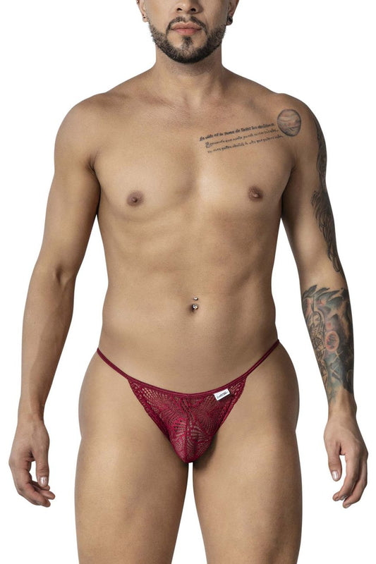 Red lace thong with small white brand tag on waistband in burgundy candyMan 99914 lace briefs product