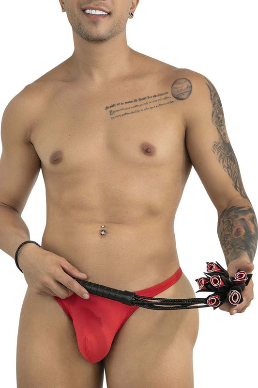 CandyMan 99967 rose whip with red thong black leather-like handle and decorative red and black circular ends