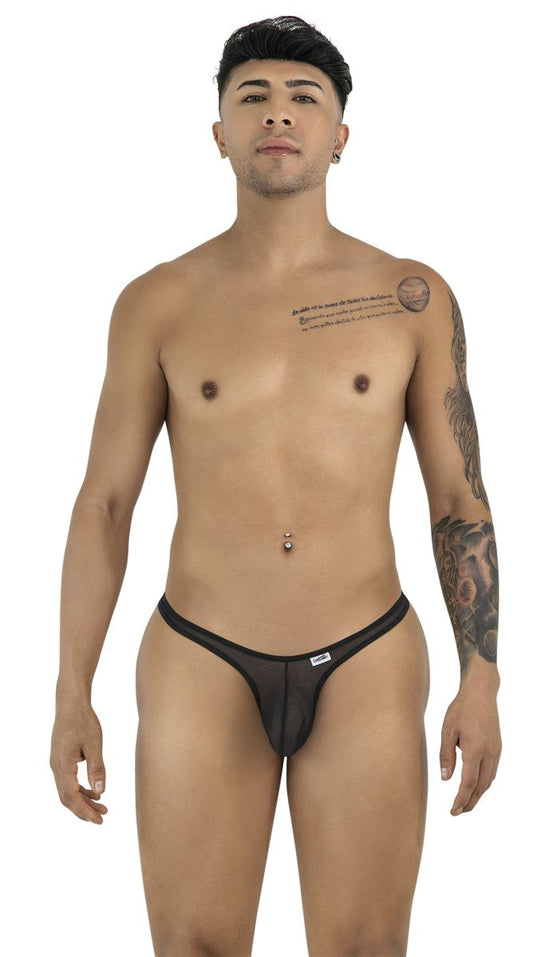 A man models CandyMan 99954 black sheer mesh thongs with thin side straps and a small branded logo tag.