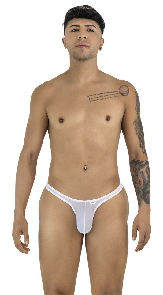 White CandyMan 99954 thong in sheer mesh fabric with a thin waistband and minimalist pouch design.