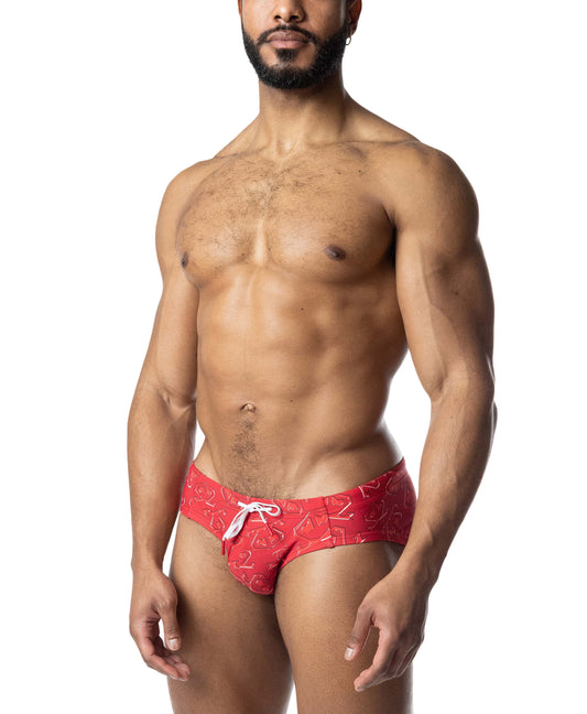 Candy apple red bikini swimwear with a white drawstring and a subtle all-over print.