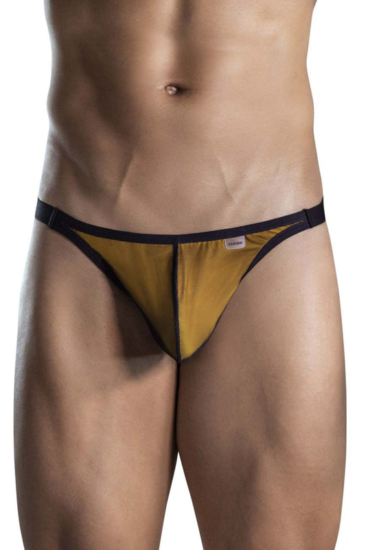 Gold-colored sheer mesh thong with black trim and small white brand tag from clever 1676 eroticism thongs orange line