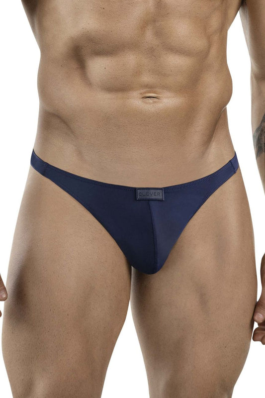 Navy blue clever 1830 desirable thong with subtle textured fabric and small rectangular brand tag on waistband