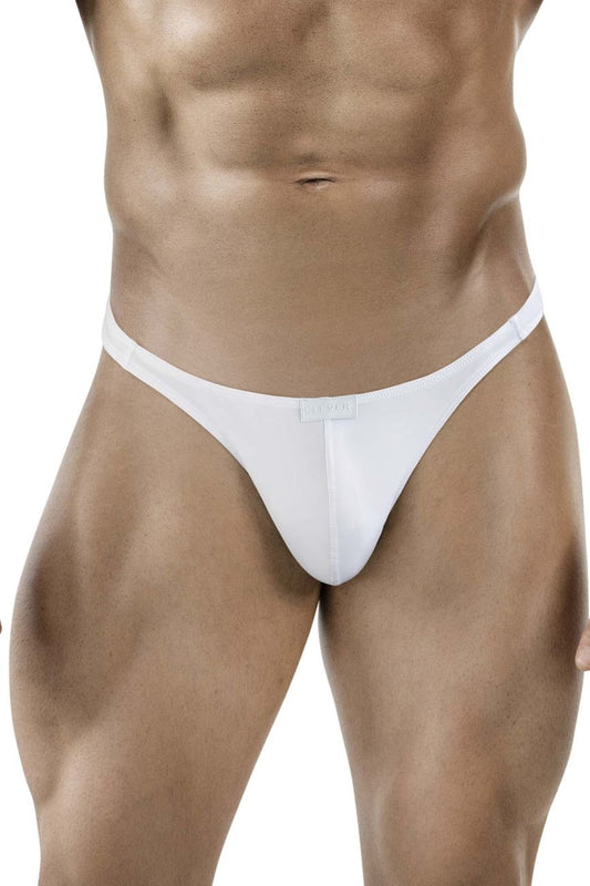 White clever 1830 desirable thong made of smooth minimalist fabric featuring a small rectangular label at center front