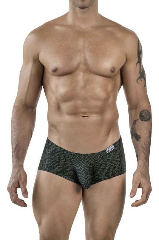 Black clever 1852 laberin trunks with subtle geometric pattern and small white brand tag on waistband
