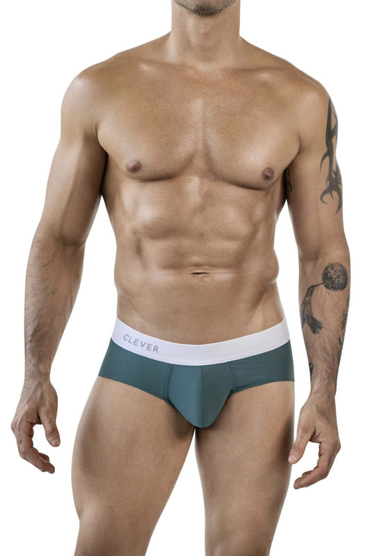 Teal clever 1863 lecler men’s briefs with white waistband featuring clever brand name in gray lettering