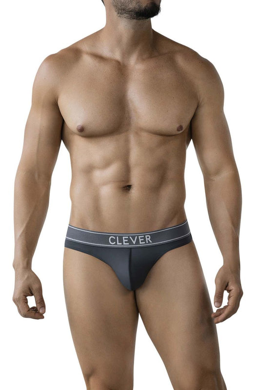 Dark gray clever 2008 raw thongs with contrasting lighter gray waistband and white clever brand name lettering