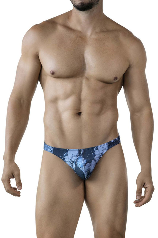 Dark blue clever 2020 galia thongs with blue patterned graphic design men’s briefs front view