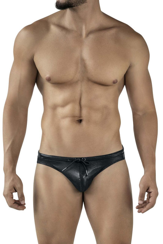 Black textured leather swim briefs with drawstring waistband clever 2065 gorgona style