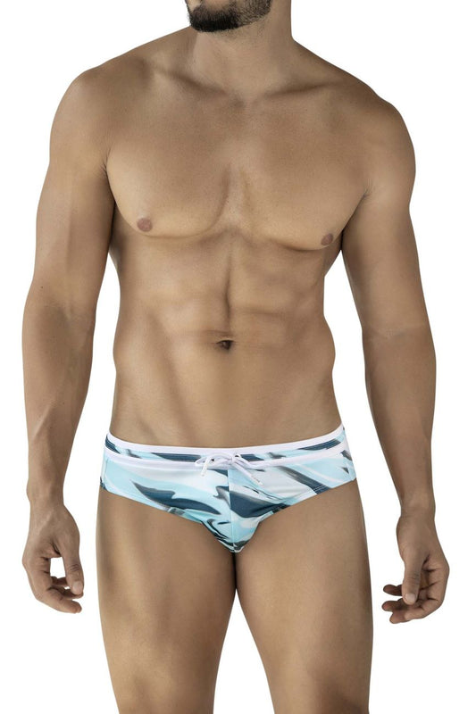 Clever 2067 baru swim briefs in blue with a blue and white patterned fabric and a drawstring waistband