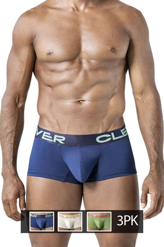 Navy blue clever boxer briefs with dark gray waistband in a 3pk australian latin trunks set beige blue green
