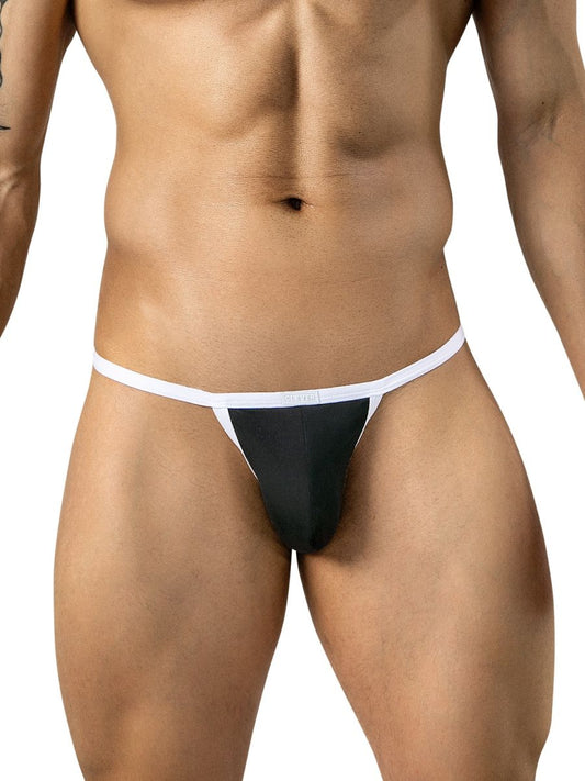 Front view of a model wearing minimalist black briefs with a white waistband.