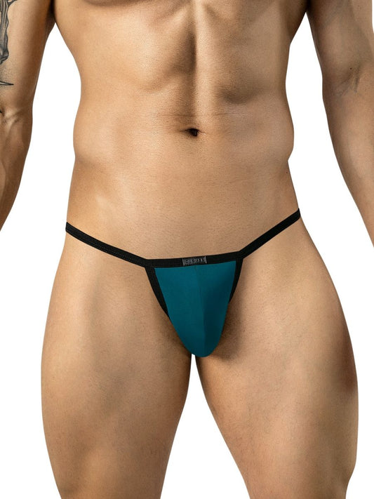 A man wearing petrol blue sleek thongs with contrasting black trim and thin waistband.