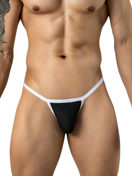A muscular man wearing a black thong with white trim and waistband on a white background.