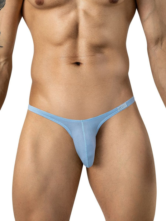 Light blue ribbed mesh low-rise briefs worn on a male torso.