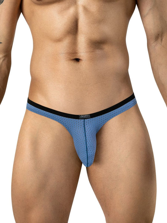 Clever Moda steel blue ergonomic briefs with mesh fabric and a black waistband worn by a man.