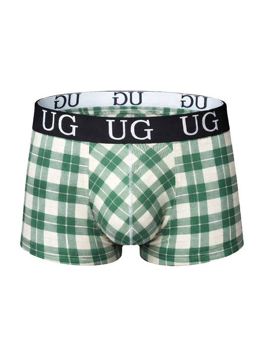 Comfort trunk green and white plaid men’s boxer briefs with black waistband and ug logo designed for everyday comfort