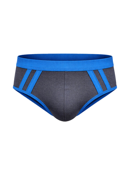 Cottonflex brief in blue and gray with bold blue waistband and side stripes made of soft flexible cotton blend