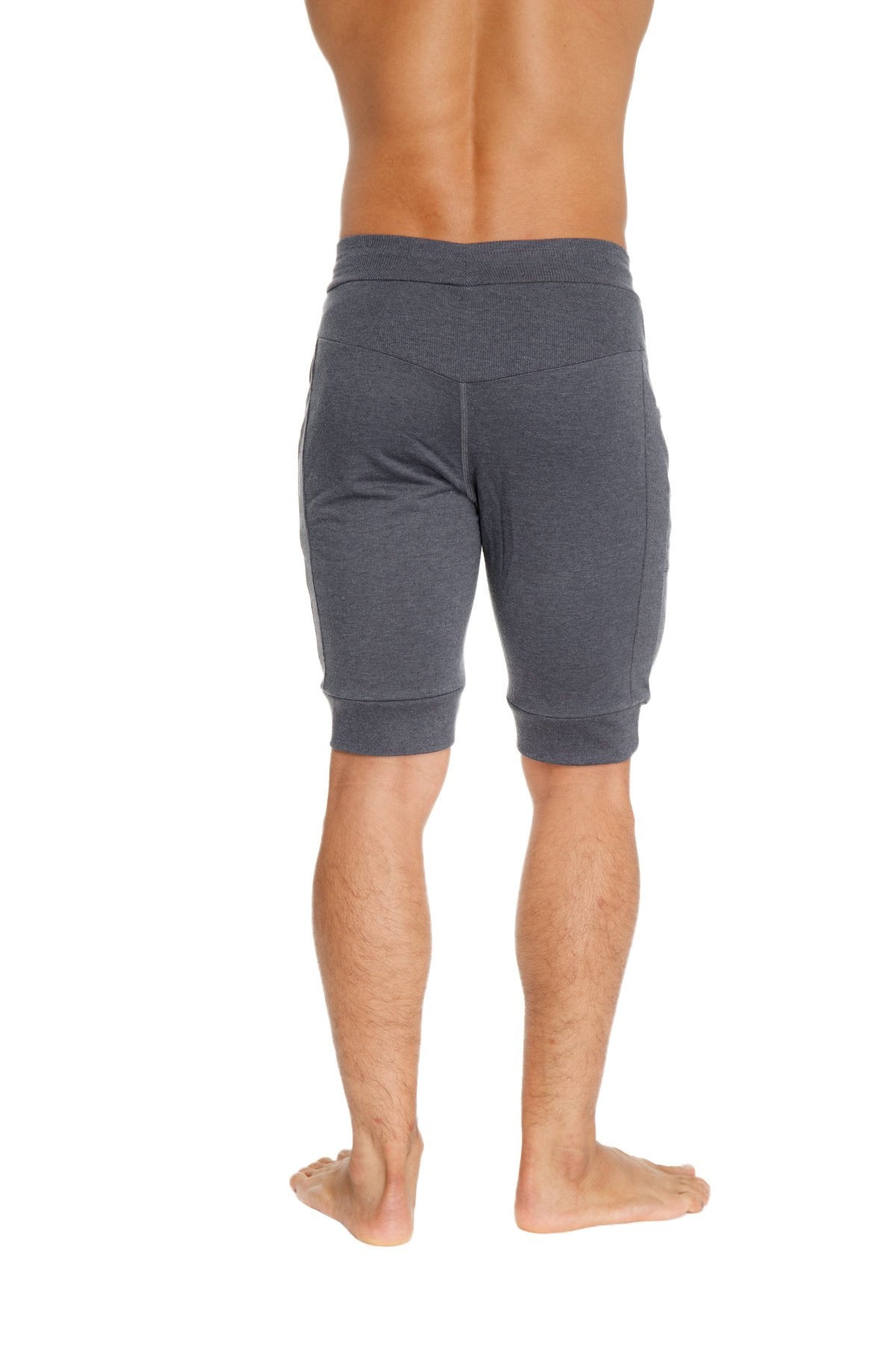 Cuffed yoga shorts in charcoal gray with soft texture elastic waistband and ribbed cuffs for comfortable athletic wear